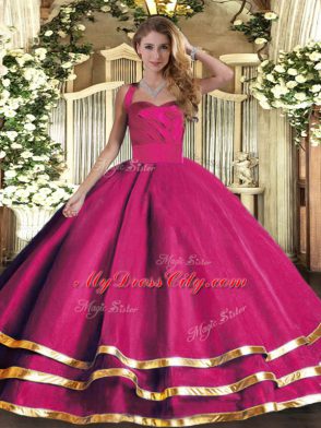 Traditional Hot Pink Ball Gowns Tulle Halter Top Sleeveless Ruffled Layers Floor Length Lace Up Vestidos de Quinceanera