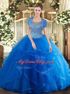 Noble Royal Blue Scoop Neckline Beading and Ruffles Quinceanera Gowns Sleeveless Clasp Handle