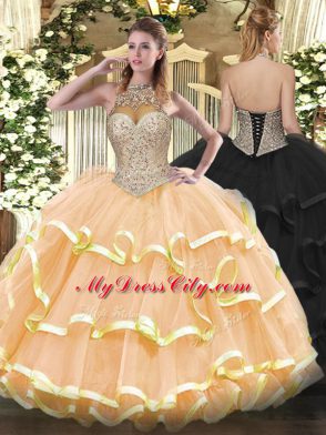 Sleeveless Organza Floor Length Lace Up Ball Gown Prom Dress in Peach with Beading and Ruffled Layers