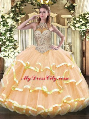 Sleeveless Organza Floor Length Lace Up Ball Gown Prom Dress in Peach with Beading and Ruffled Layers
