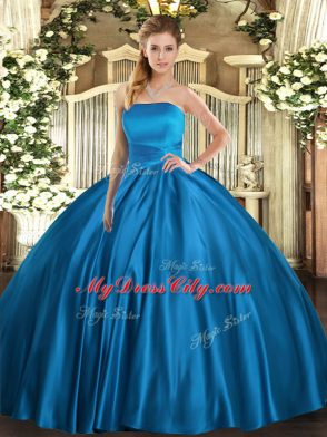 Blue Satin Lace Up Strapless Sleeveless Floor Length Quinceanera Dress Ruching