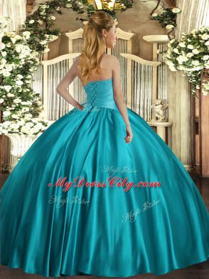 Blue Satin Lace Up Strapless Sleeveless Floor Length Quinceanera Dress Ruching