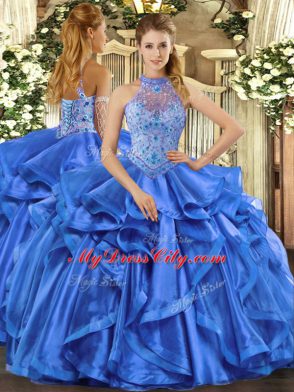 Blue Halter Top Lace Up Beading and Embroidery and Ruffles Sweet 16 Dress Sleeveless