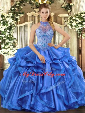 Blue Halter Top Lace Up Beading and Embroidery and Ruffles Sweet 16 Dress Sleeveless