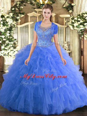 Simple Sleeveless Floor Length Beading and Ruffled Layers Clasp Handle Quinceanera Gowns with Baby Blue