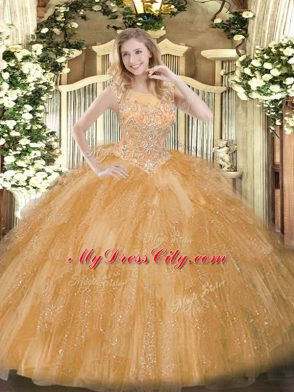 Gold Sleeveless Tulle Zipper 15 Quinceanera Dress for Military Ball and Sweet 16 and Quinceanera