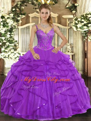 Edgy Sleeveless Lace Up Floor Length Beading and Ruffles Ball Gown Prom Dress