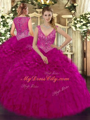 Fuchsia Ball Gowns V-neck Sleeveless Organza Floor Length Zipper Beading and Ruffles Sweet 16 Dress