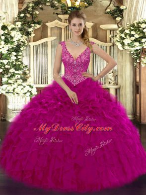 Fuchsia Ball Gowns V-neck Sleeveless Organza Floor Length Zipper Beading and Ruffles Sweet 16 Dress