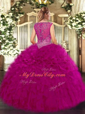 Fuchsia Ball Gowns V-neck Sleeveless Organza Floor Length Zipper Beading and Ruffles Sweet 16 Dress