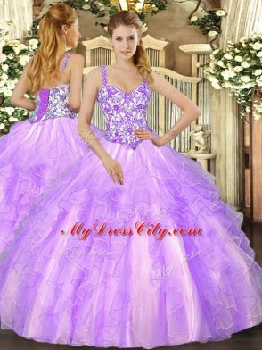 Floor Length Lavender Quince Ball Gowns Straps Sleeveless Lace Up