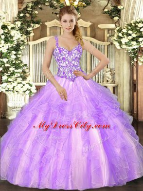 Floor Length Lavender Quince Ball Gowns Straps Sleeveless Lace Up