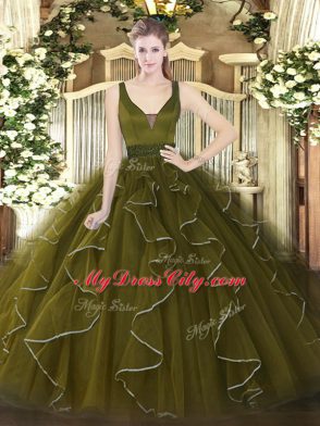 Olive Green Zipper Sweet 16 Dress Beading and Ruffles Sleeveless Floor Length