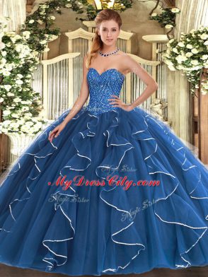 Floor Length Lace Up 15 Quinceanera Dress Blue for Military Ball and Sweet 16 and Quinceanera with Beading and Ruffles