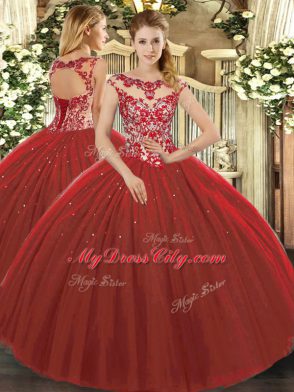 Floor Length Wine Red Quinceanera Gown Scoop Cap Sleeves Lace Up