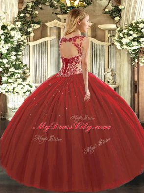 Floor Length Wine Red Quinceanera Gown Scoop Cap Sleeves Lace Up