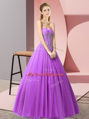 Modest Purple Tulle Lace Up Prom Dresses Sleeveless Floor Length Beading