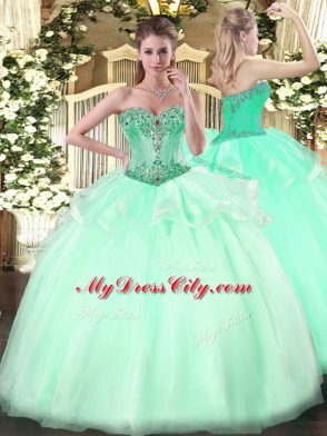 Floor Length Apple Green Ball Gown Prom Dress Organza Sleeveless Beading
