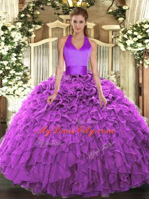 Ruffles Ball Gown Prom Dress Fuchsia Lace Up Sleeveless Floor Length