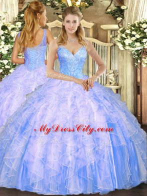 Beauteous V-neck Sleeveless Lace Up Quince Ball Gowns Light Blue Tulle