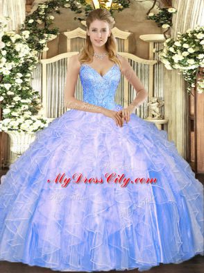 Beauteous V-neck Sleeveless Lace Up Quince Ball Gowns Light Blue Tulle