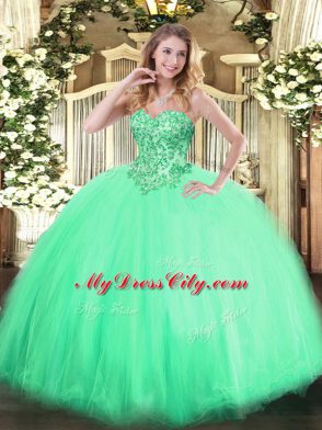 Apple Green Ball Gowns Appliques Vestidos de Quinceanera Lace Up Tulle Sleeveless Floor Length