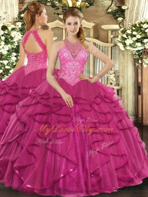 Noble High-neck Sleeveless Lace Up Sweet 16 Quinceanera Dress Hot Pink Tulle