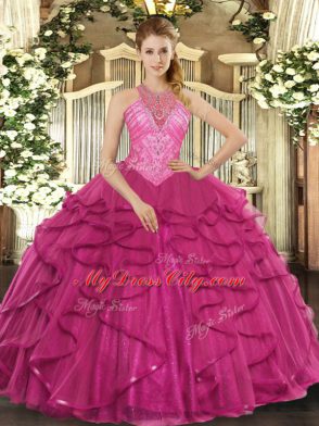 Noble High-neck Sleeveless Lace Up Sweet 16 Quinceanera Dress Hot Pink Tulle