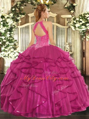 Noble High-neck Sleeveless Lace Up Sweet 16 Quinceanera Dress Hot Pink Tulle