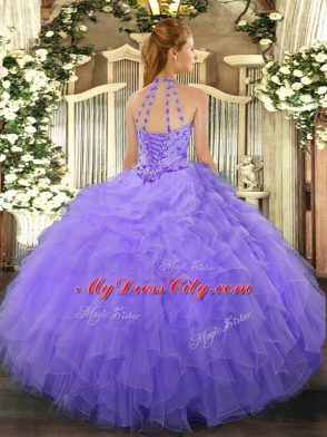 Beautiful Blue Ball Gowns Organza Halter Top Sleeveless Beading and Ruffles Floor Length Lace Up 15 Quinceanera Dress