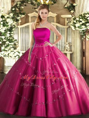 Elegant Sleeveless Floor Length Appliques Lace Up 15th Birthday Dress with Hot Pink