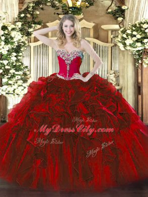 Wine Red Ball Gowns Sweetheart Sleeveless Organza Floor Length Lace Up Beading and Ruffles Quince Ball Gowns