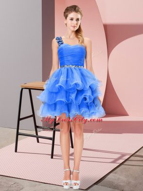 New Arrival Blue Sleeveless Mini Length Beading and Ruffled Layers Lace Up Prom Dress