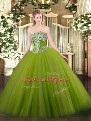 Strapless Sleeveless Lace Up Quinceanera Dress Olive Green Tulle
