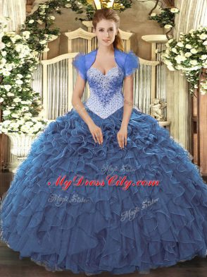 Navy Blue Quinceanera Dress Military Ball and Sweet 16 and Quinceanera with Beading and Ruffles Sweetheart Sleeveless Lace Up