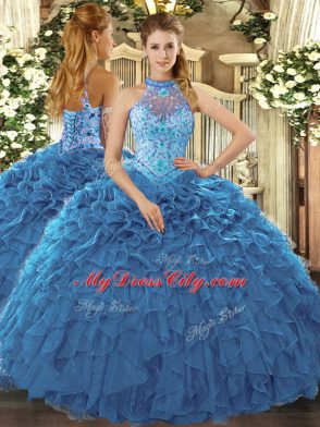 Fantastic Teal Quinceanera Gowns Prom and Sweet 16 and Quinceanera with Beading and Ruffles Halter Top Sleeveless Lace Up