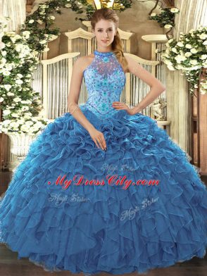 Fantastic Teal Quinceanera Gowns Prom and Sweet 16 and Quinceanera with Beading and Ruffles Halter Top Sleeveless Lace Up