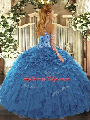 Fantastic Teal Quinceanera Gowns Prom and Sweet 16 and Quinceanera with Beading and Ruffles Halter Top Sleeveless Lace Up