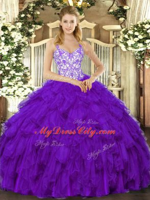 Free and Easy Sleeveless Organza Floor Length Lace Up 15th Birthday Dress in Purple with Beading and Ruffles