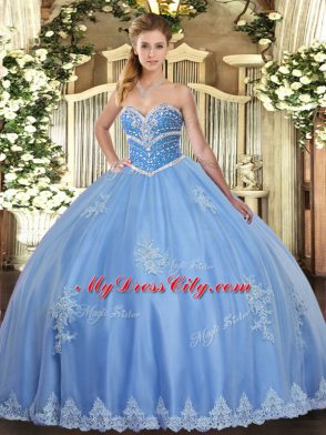 Tulle Sleeveless Floor Length 15th Birthday Dress and Beading and Appliques