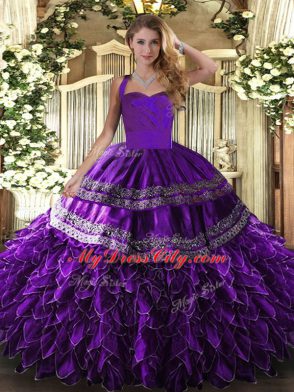 Wonderful Purple Ball Gowns Halter Top Sleeveless Organza Floor Length Lace Up Embroidery and Ruffles 15 Quinceanera Dress