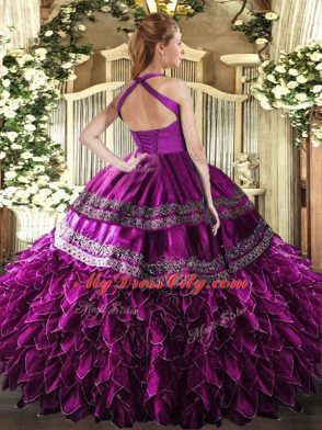 Wonderful Purple Ball Gowns Halter Top Sleeveless Organza Floor Length Lace Up Embroidery and Ruffles 15 Quinceanera Dress