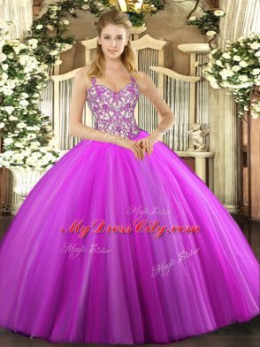 Ball Gowns Quinceanera Gown Lilac Straps Tulle Sleeveless Floor Length Lace Up