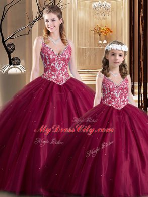 Sleeveless Tulle Floor Length Lace Up Sweet 16 Dresses in Wine Red with Lace
