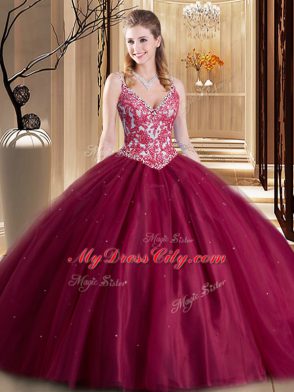 Sleeveless Tulle Floor Length Lace Up Sweet 16 Dresses in Wine Red with Lace