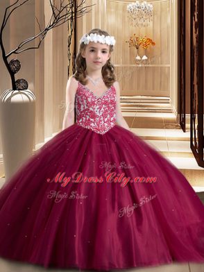 Sleeveless Tulle Floor Length Lace Up Sweet 16 Dresses in Wine Red with Lace