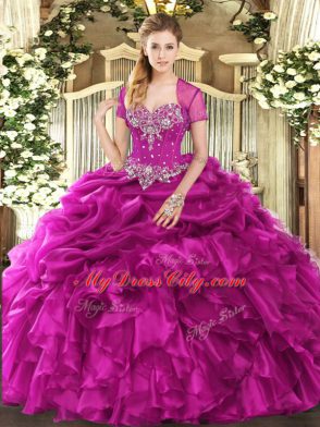 Sleeveless Organza Floor Length Lace Up Ball Gown Prom Dress in Fuchsia with Beading and Ruffles and Pick Ups