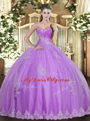 Attractive Lilac Tulle Lace Up Sweetheart Sleeveless Floor Length Quince Ball Gowns Beading and Appliques