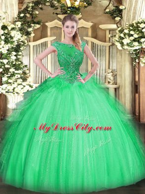Simple Apple Green Zipper Scoop Beading and Ruffles Quinceanera Gown Tulle Sleeveless