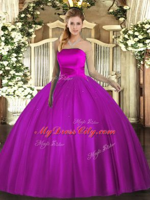 Sleeveless Tulle Floor Length Lace Up 15 Quinceanera Dress in Fuchsia with Ruching